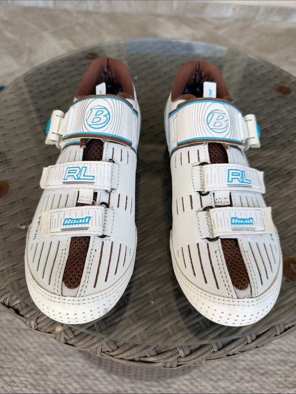 Bontrager Women’s White & Brown Road Cycling Shoes with Blue Accents